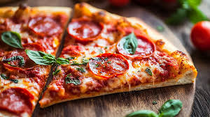 Cheesy pizza slice with melted mozzarella